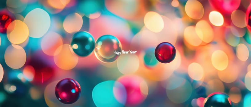 Brightly colored ornaments float amid sparkling lights creating a joyful ambiance for New Year celebrations.