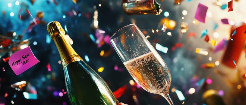 A sparkling glass of champagne is raised as colorful confetti falls in celebration of the New Year during a joyful countdown.