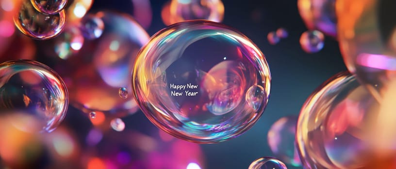 Colorful bubbles float in a vibrant atmosphere featuring a cheerful new year message. The scene radiates festive joy and excitement.