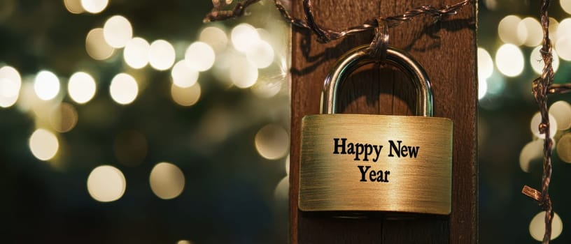 A padlock adorned with a Happy New Year message hangs on a wooden post. Twinkling lights provide a festive backdrop symbolizing celebration.