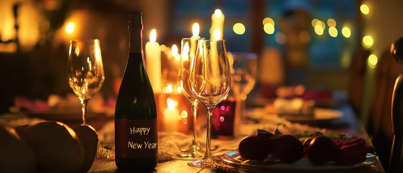 A beautifully arranged table with wine and candles creating a warm atmosphere for a New Year celebration.
