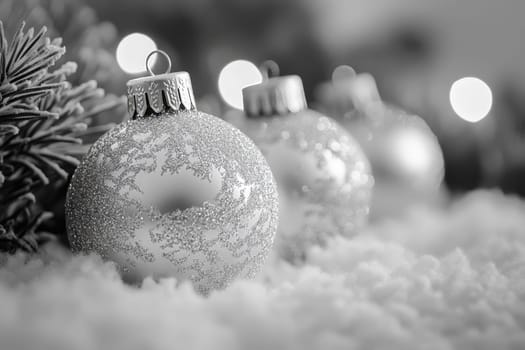 Three silver ornaments rest on soft snow while soft lights create a cozy atmosphere around them capturing the spirit of the season.