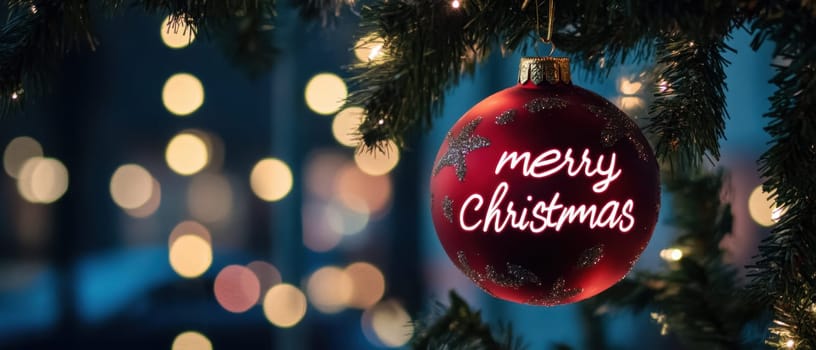 A red ornament with Merry Christmas decoration hangs from a lush green tree surrounded by glowing lights in a cozy setting.