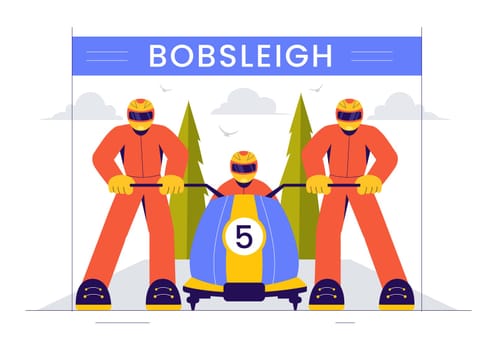 Vector Illustration of an Athlete Riding a Bobsleigh on a Snow Covered, Icy Track for a Competitive Winter Sport Activity in a Flat Style Background