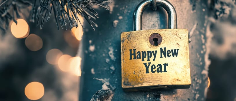 A golden padlock with the inscription Happy New Year is secured to a tree branch illuminated by soft lights during the night.