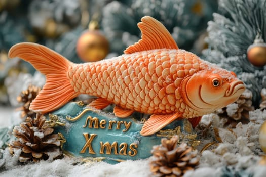 A beautifully crafted fish figure celebrates the Christmas season surrounded by pinecones and festive decorations.
