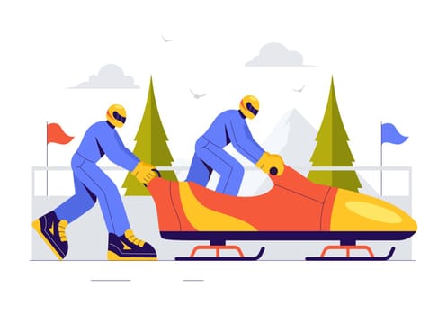 Vector Illustration of an Athlete Riding a Bobsleigh on a Snow Covered, Icy Track for a Competitive Winter Sport Activity in a Flat Style Background