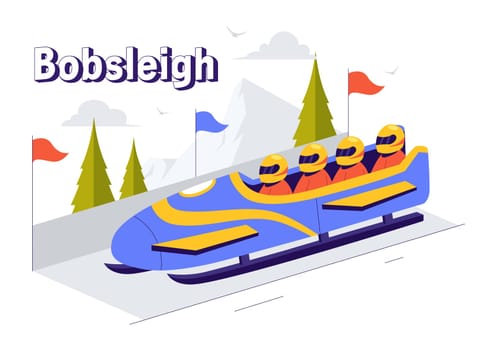 Vector Illustration of an Athlete Riding a Bobsleigh on a Snow Covered, Icy Track for a Competitive Winter Sport Activity in a Flat Style Background