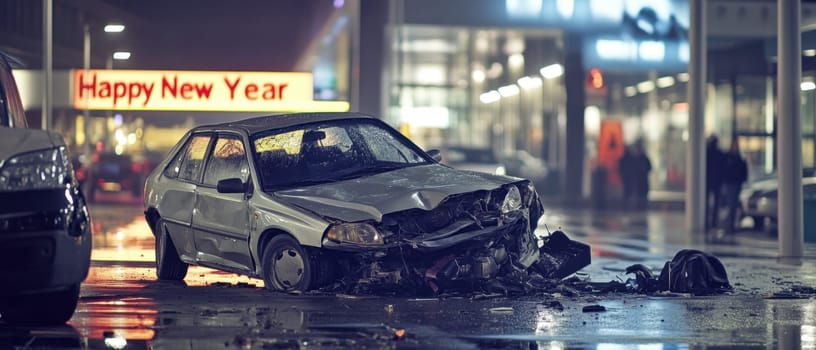 A wrecked car sits abandoned in a dimly lit parking lot reflecting the aftermath of a recent New Year celebration.