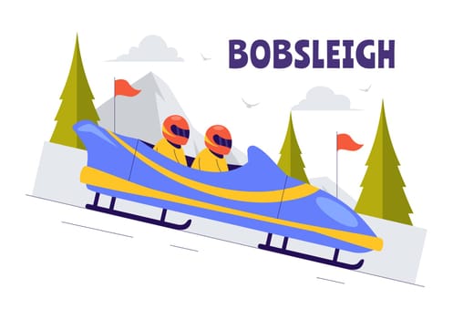 Vector Illustration of an Athlete Riding a Bobsleigh on a Snow Covered, Icy Track for a Competitive Winter Sport Activity in a Flat Style Background