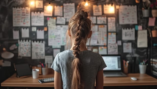 A girl working at a desk with notes and a computer. Concept of creativity and productivity.
