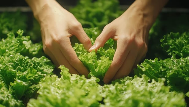 Hands harvesting fresh lettuce in a garden. Concept of organic farming and healthy eating.