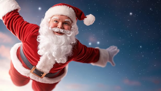 Santa Claus flying through the night sky. Concept of Christmas joy and holiday spirit.