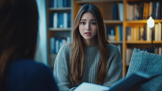 Young woman talking to a therapist in a home office. Concept of mental health, therapy, and support.