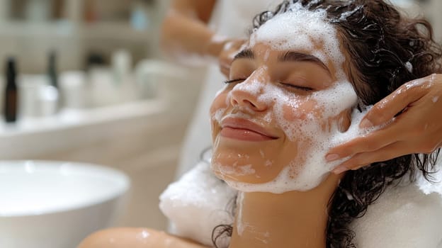 Woman enjoying a facial cleansing foam treatment at a spa. Concept of beauty, skincare, relaxation, and wellness