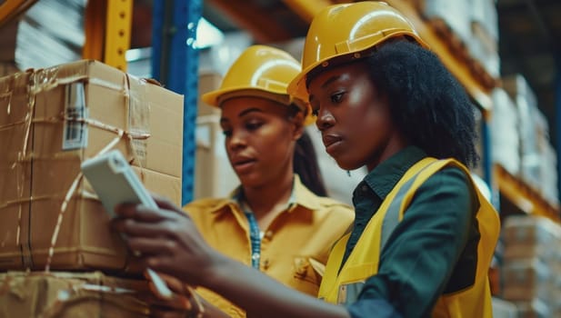 Two female warehouse workers scanning a package. Concept of logistics, shipping, and inventory management.