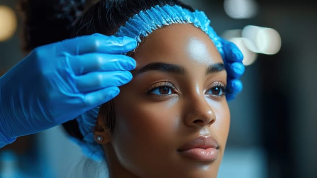 Cosmetologist preparing woman for facial treatment at beauty clinic