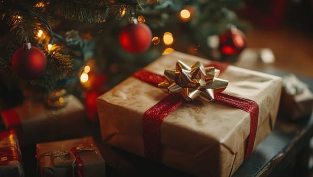 Christmas gift wrapped in gold paper with red ribbon under a decorated tree.