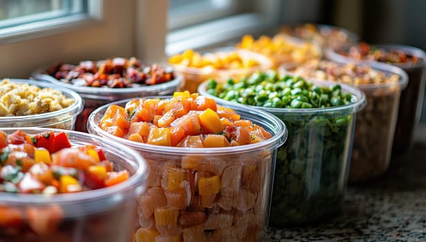 Colorful containers of chopped vegetables and ingredients for meal preparation.