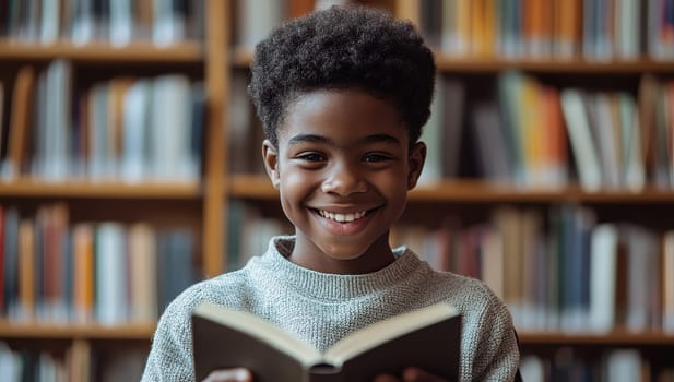 Happy boy reading a book in a library. Concept of education, knowledge, and literacy.
