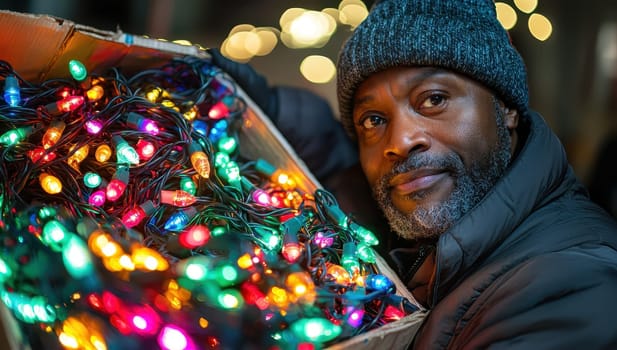 Man holding a box of colorful Christmas lights. Concept of holiday preparation and celebration.