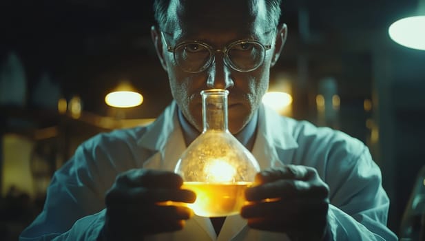Scientist examining glowing liquid in a laboratory. Concept of chemistry and experimentation.
