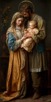 The painting depicts Mary, Joseph and the baby Jesus in a peaceful and holy scene, with Mary cradling Jesus in her arms and Joseph standing protectively by their side.AI generative.