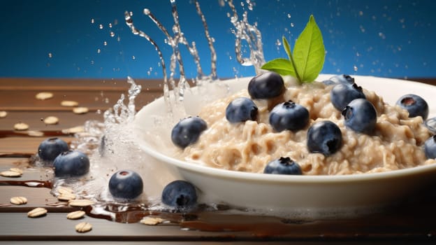 A blueberry making a delicious splash in oatmeal