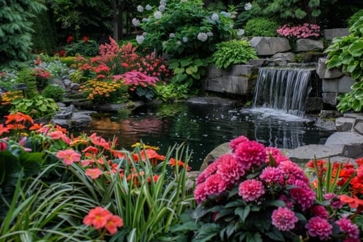 A lush garden oasis, with colorful flowers and tranquil water features