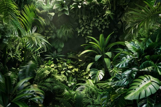 A lush tropical rainforest, with dense foliage and exotic plants creating a rich tapestry of greenery