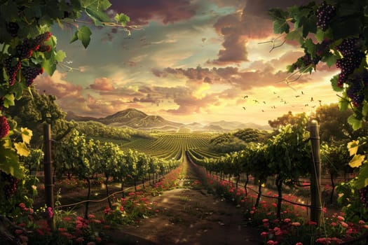 A lush vineyard, with rows of grapevines and picturesque views