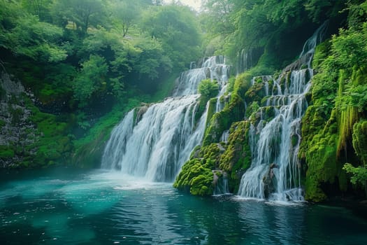 A majestic waterfall cascading down moss-covered rocks into a crystal-clear pool below