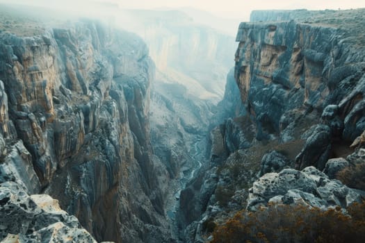 A breathtaking canyon vista, with sheer cliffs plunging into a deep gorge below