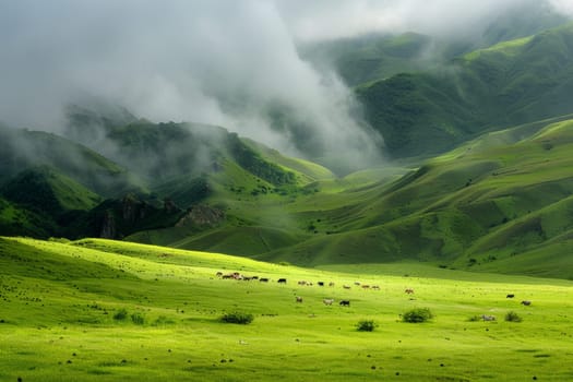 A serene countryside landscape, with rolling hills and grazing livestock