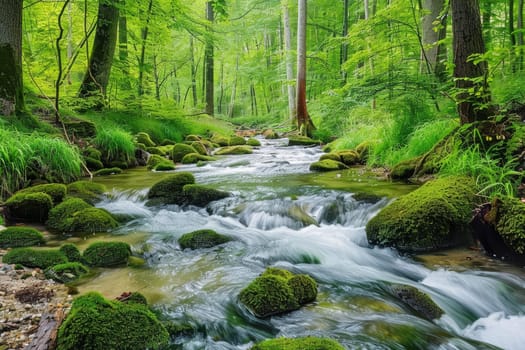 A peaceful woodland stream, with clear water bubbling over moss-covered rocks