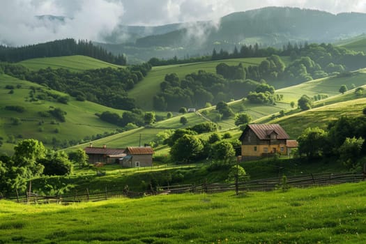 A serene countryside scene, with rolling hills and picturesque cottages