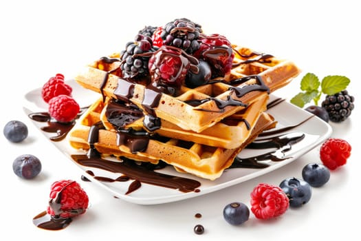 A stack of Belgian waffles with chocolate sauce and berries on a transparent white backdrop