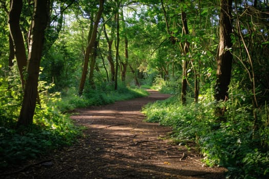 A serene woodland trail, with dappled sunlight and winding paths