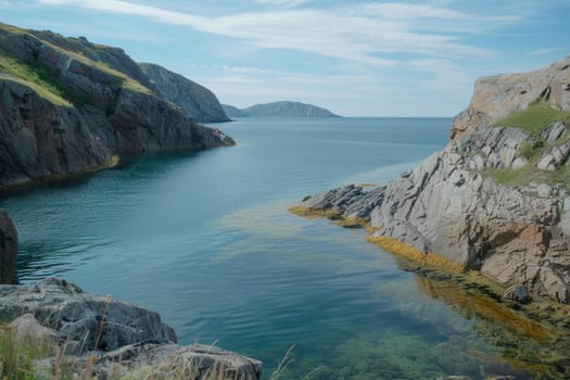 A tranquil coastal inlet, with calm waters and rocky cliffs