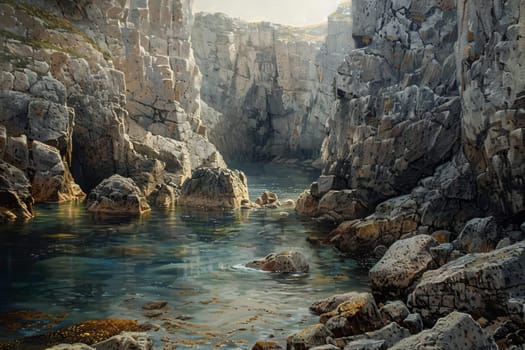 A tranquil coastal inlet, with calm waters and rocky cliffs