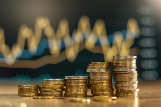 A stack of gold coins with a growth chart in the background, investment growth concept