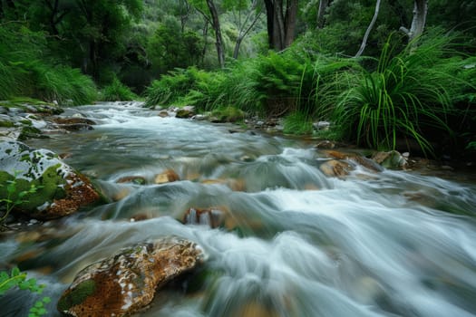 A tranquil river scene, with gentle rapids flowing over smooth rocks and lush greenery lining the banks