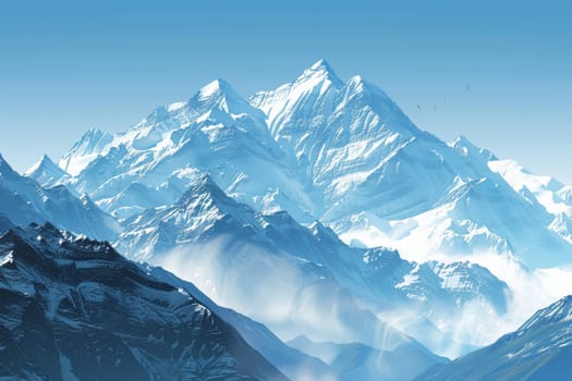 A serene mountain landscape, with snow-capped peaks towering against a clear blue sky