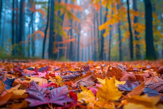 A vibrant autumn scene, with colorful leaves carpeting the forest floor and a crisp breeze in the air