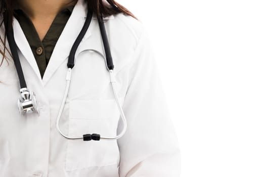 female doctor with stethoscope around her neck against white backdrop. Beautiful photo