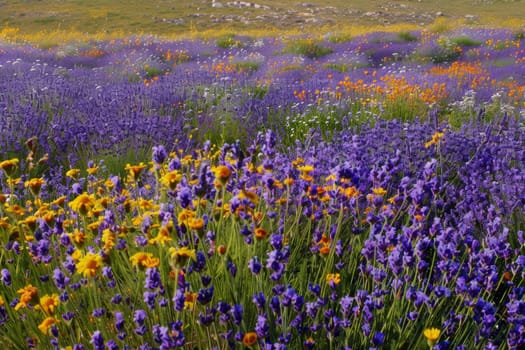 A vibrant field of lavender, with fragrant blooms and buzzing bees