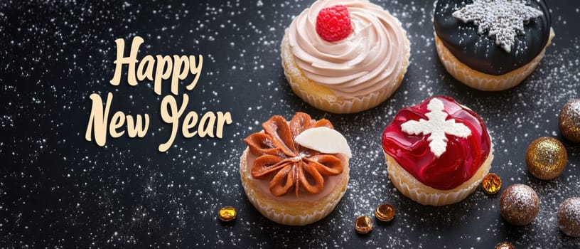 Festive cupcakes adorned with icing and decorations sit on a table celebrating the New Year with joy and vibrant colors.