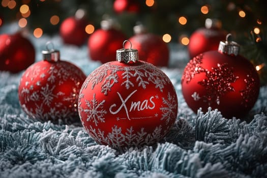 Bright red Christmas ornaments adorned with snowflakes rest on a soft blue carpet illuminated by warm twinkling lights in the background.