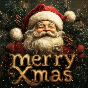A joyful Santa Claus smiles warmly amidst snowflakes and pine trees spreading holiday cheer with a festive greeting.