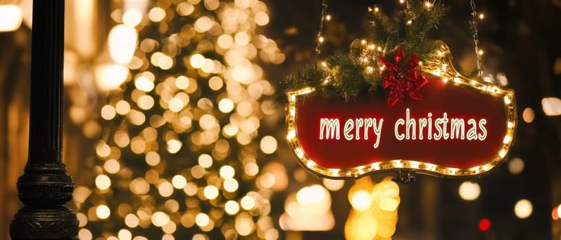 A vibrant red sign with the message Merry Christmas hangs amidst twinkling lights and a beautifully decorated tree capturing holiday spirit.